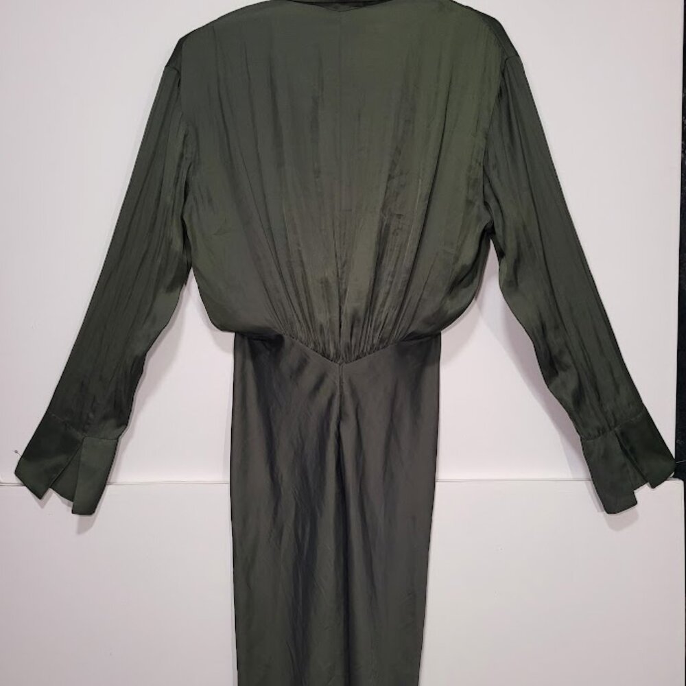 NWT Zadig & Voltaire Gathered Long Sleeve Satin Dress - Khaki L - Picture 6 of 13